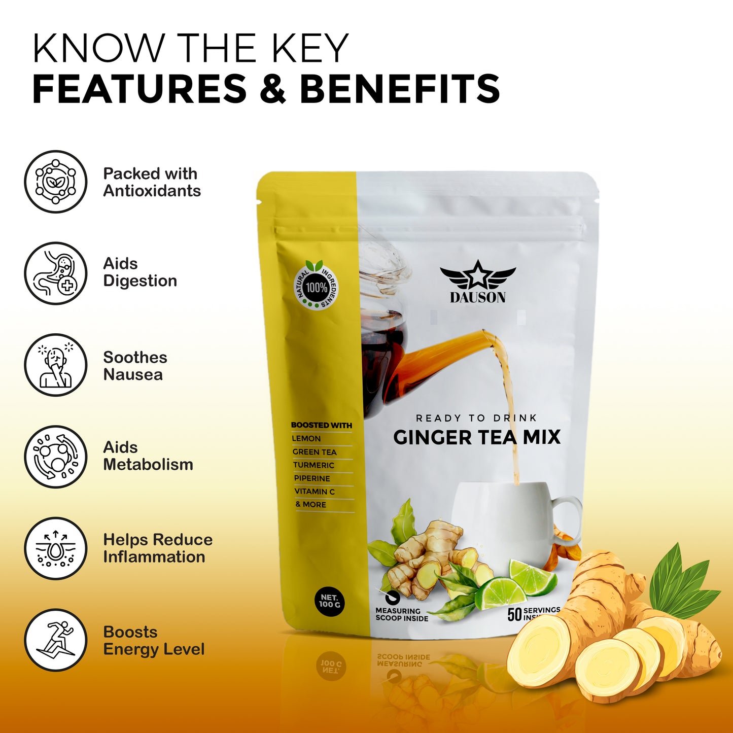 Ginger Tea Mix – 50 Servings | Instant Powder with Lemon, Turmeric, Licorice & Vitamin C | Caffeine-Free Herbal Blend with Green Tea Extract & Black Pepper | Natural Detox & Immune Support - Von LLC