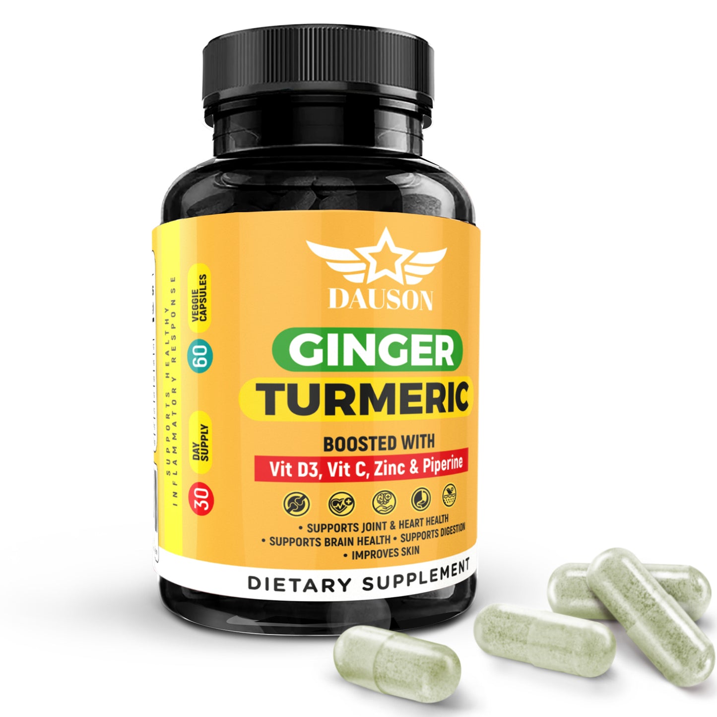 Natural turmeric ginger supplement with Vitamin D3 and C for immune and gut health