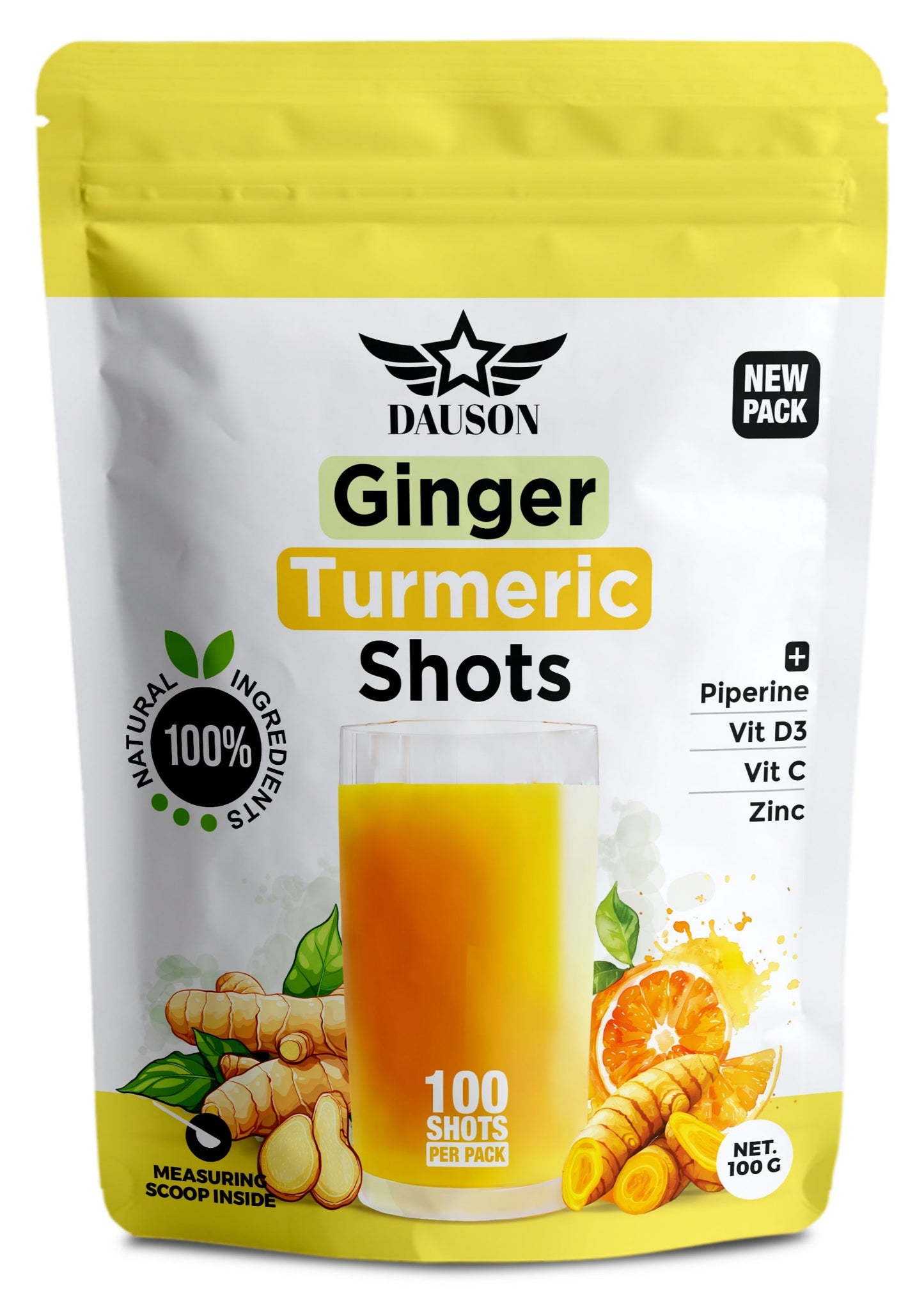 DAUSON Ginger Turmeric Supplements with piperine, vitamins C and D3, zinc, and orange flavor for joint, heart, brain, gut, and skin health, 100 shots per pack.