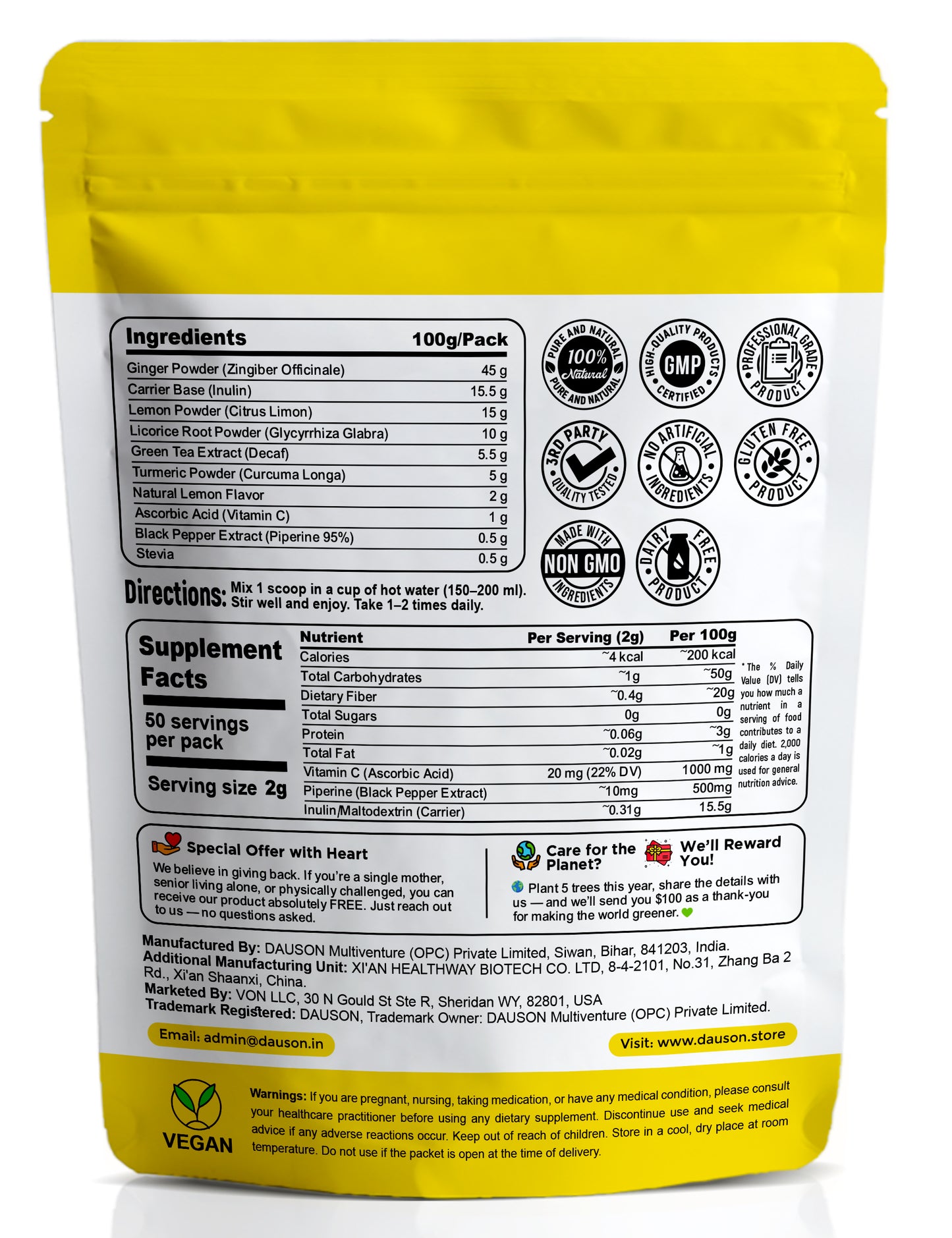 Ginger Tea Mix – 50 Servings | Instant Powder with Lemon, Turmeric, Licorice & Vitamin C | Caffeine-Free Herbal Blend with Green Tea Extract & Black Pepper | Natural Detox & Immune Support - Von LLC