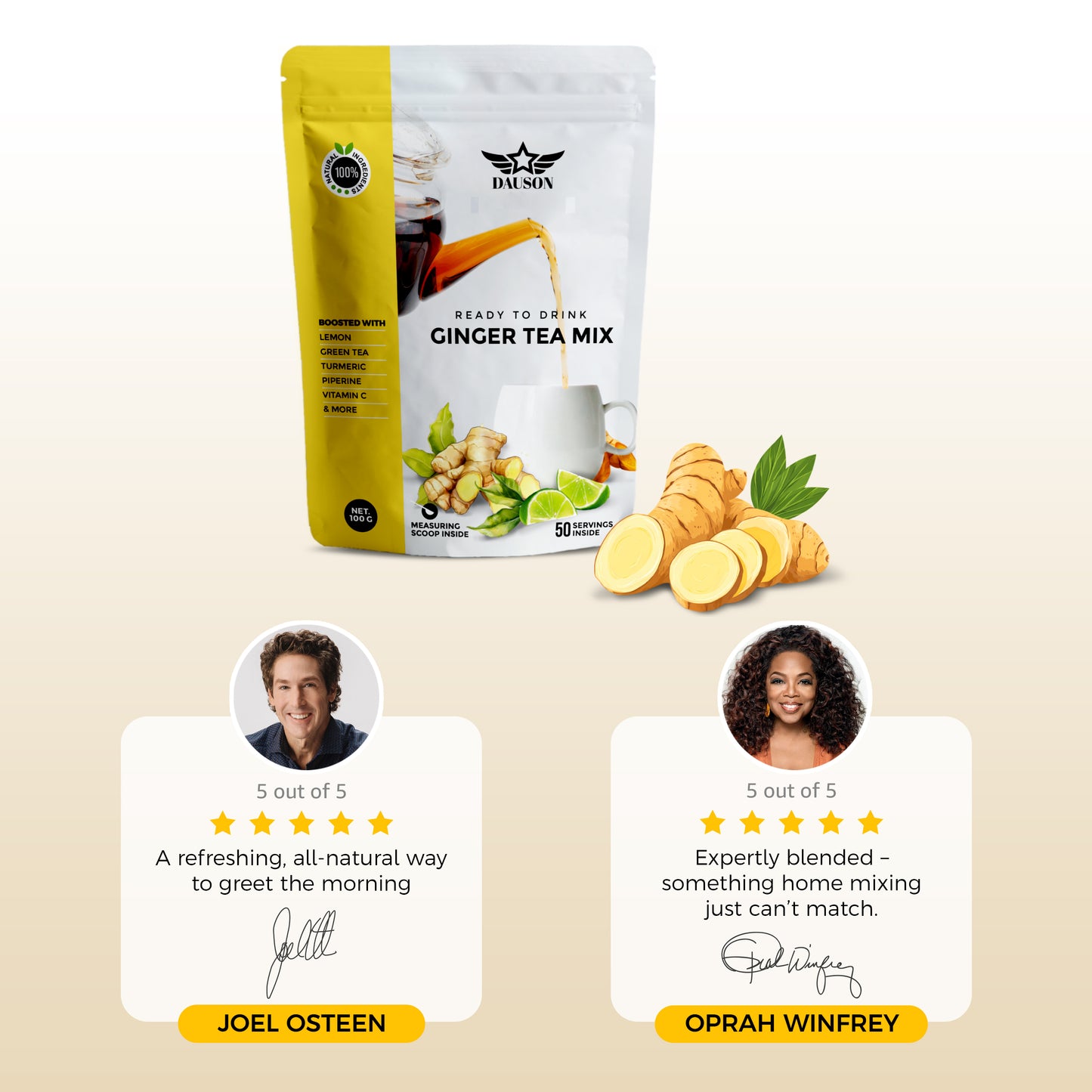 Ginger Tea Mix – 50 Servings | Instant Powder with Lemon, Turmeric, Licorice & Vitamin C | Caffeine-Free Herbal Blend with Green Tea Extract & Black Pepper | Natural Detox & Immune Support - Von LLC