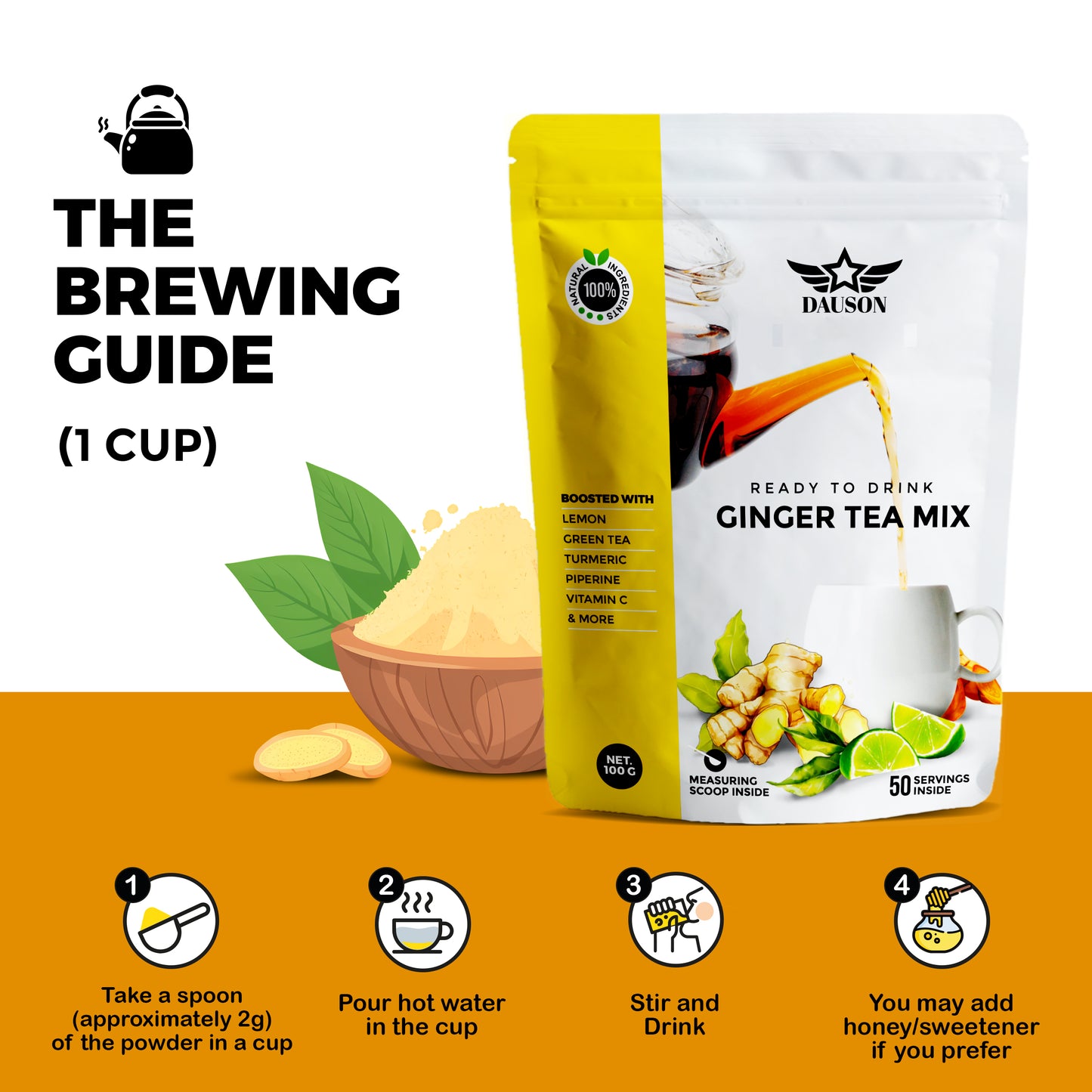 Ginger Tea Mix – 50 Servings | Instant Powder with Lemon, Turmeric, Licorice & Vitamin C | Caffeine-Free Herbal Blend with Green Tea Extract & Black Pepper | Natural Detox & Immune Support - Von LLC