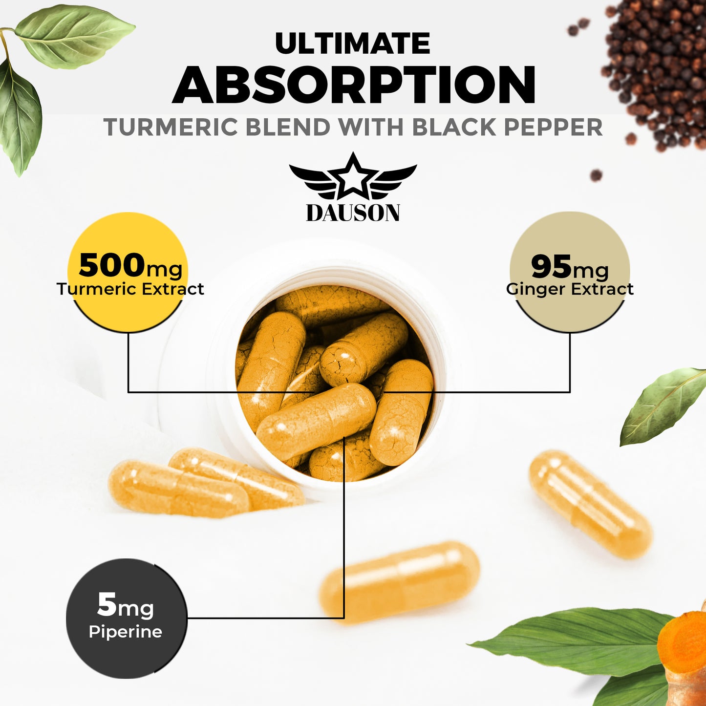Anti-inflammatory Turmeric Curcumin and Ginger Blend with Piperine – supports joint comfort, digestion, and skin vitality.