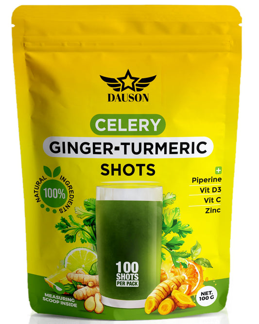 DAUSON Celery Ginger Turmeric Shots pack with turmeric ginger supplements, vitamin C, D3, zinc, and piperine for immunity, joint, gut, and skin health support, 100 servings.