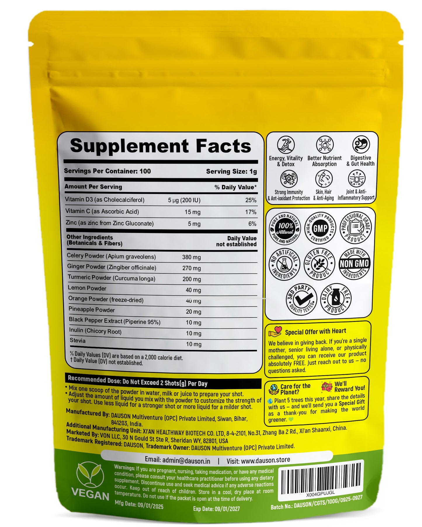 DAUSON Celery Ginger Turmeric Wellness Shots – Immunity Booster with Piperine, Vitamin C, D3 & Zinc | Joint, Gut & Skin Health Support | 100 Servings| Ayurvedic - Von LLC