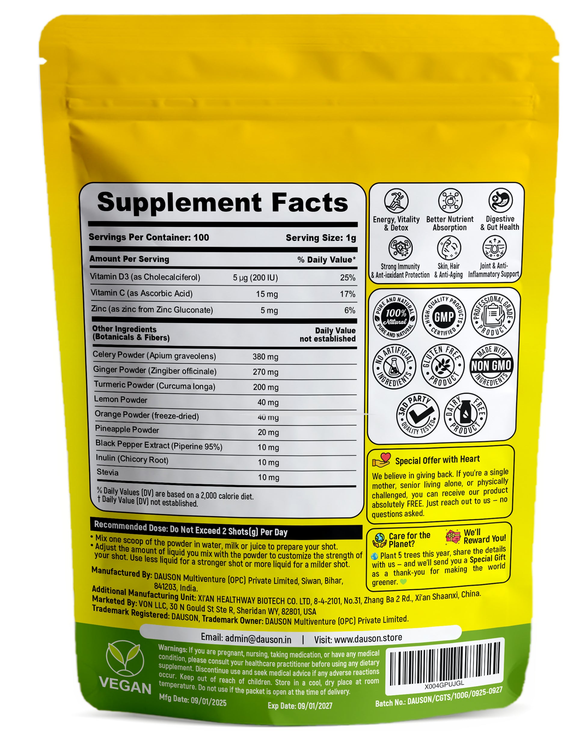 DAUSON Celery Ginger Turmeric Wellness Shots – Immunity Booster with Piperine, Vitamin C, D3 & Zinc | Joint, Gut & Skin Health Support | 100 Servings| Ayurvedic - Von LLC