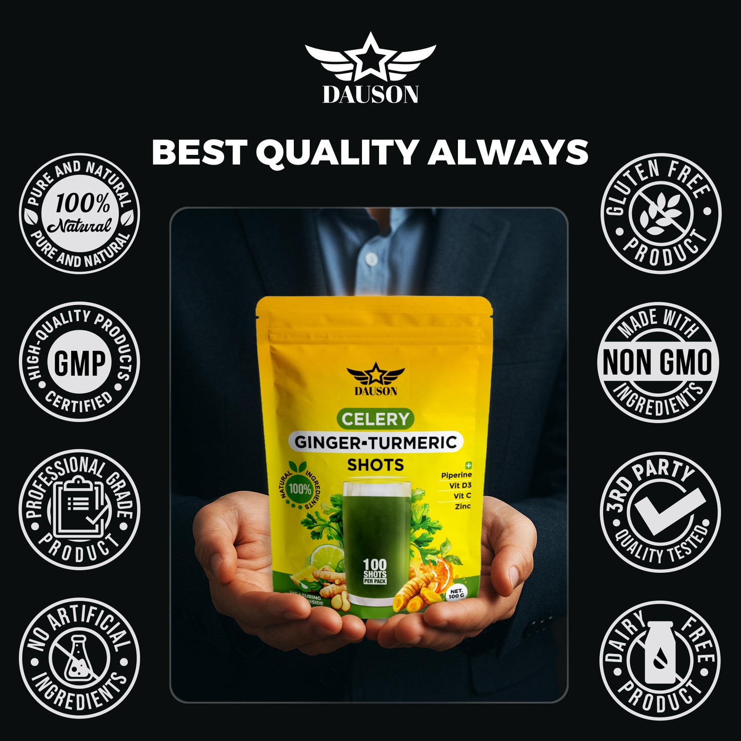 DAUSON Celery Ginger Turmeric Wellness Shots – Immunity Booster with Piperine, Vitamin C, D3 & Zinc | Joint, Gut & Skin Health Support | 100 Servings| Ayurvedic
