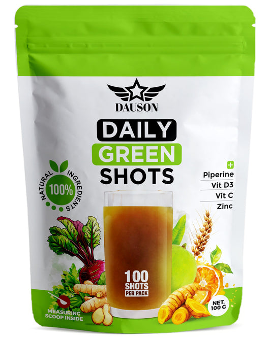 DAUSON Daily Green Shots with natural ingredients including piperine, vitamin D3, C, zinc, and ginger turmeric supplements in a 100-shot pack