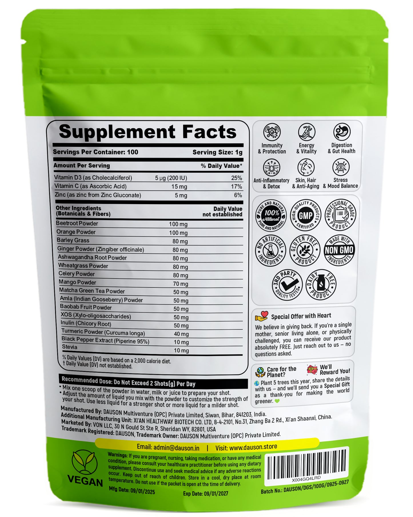DAUSON Daily Green Shots – Superfood Greens Powder with Matcha, Turmeric, Ashwagandha & Prebiotics – Energy, Immunity & Gut Health Support – 100g | 100 Servings - Von LLC