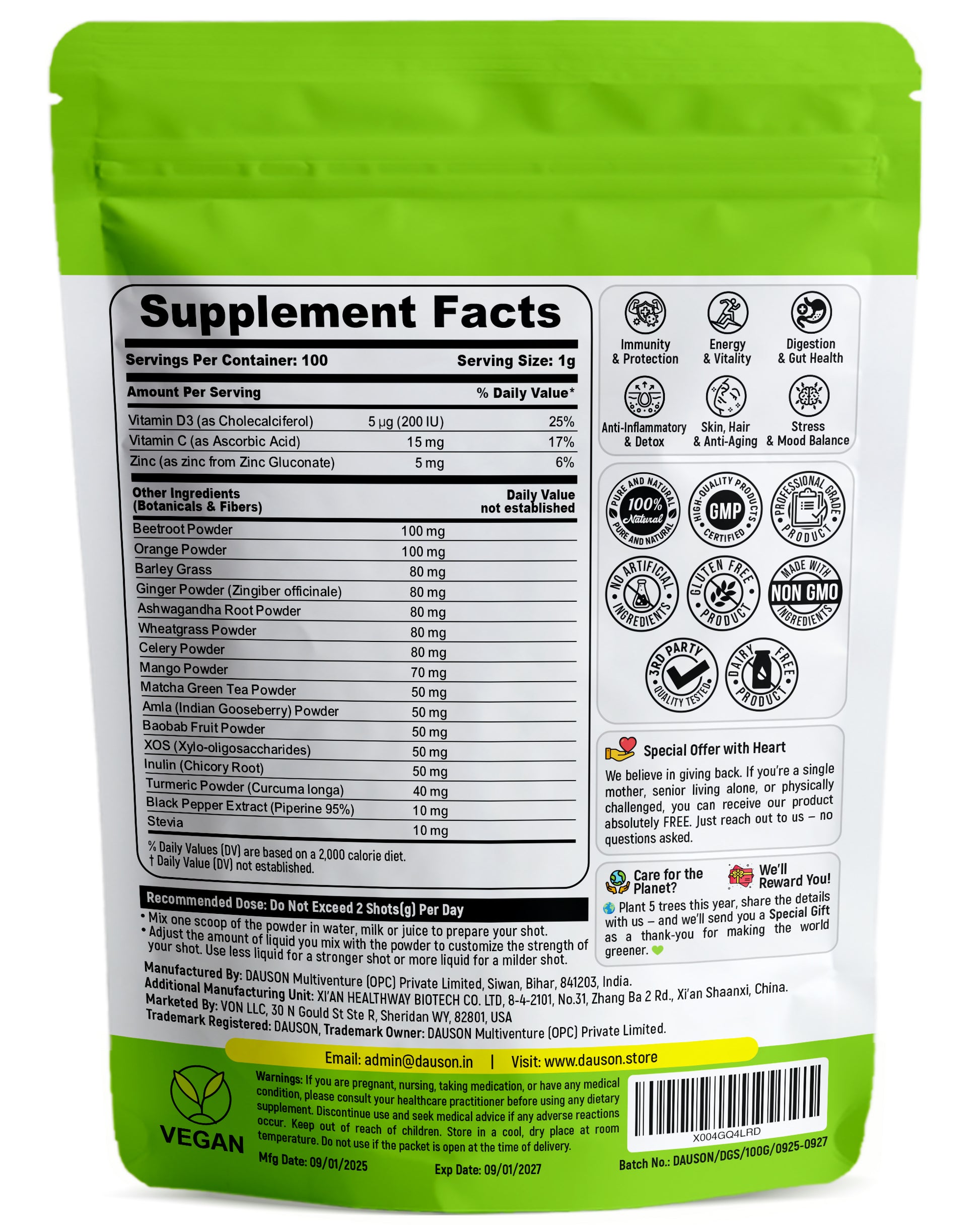 DAUSON Daily Green Shots – Superfood Greens Powder with Matcha, Turmeric, Ashwagandha & Prebiotics – Energy, Immunity & Gut Health Support – 100g | 100 Servings - Von LLC