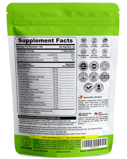 DAUSON Daily Green Shots – Superfood Greens Powder with Matcha, Turmeric, Ashwagandha & Prebiotics – Energy, Immunity & Gut Health Support – 100g | 100 Servings - Von LLC