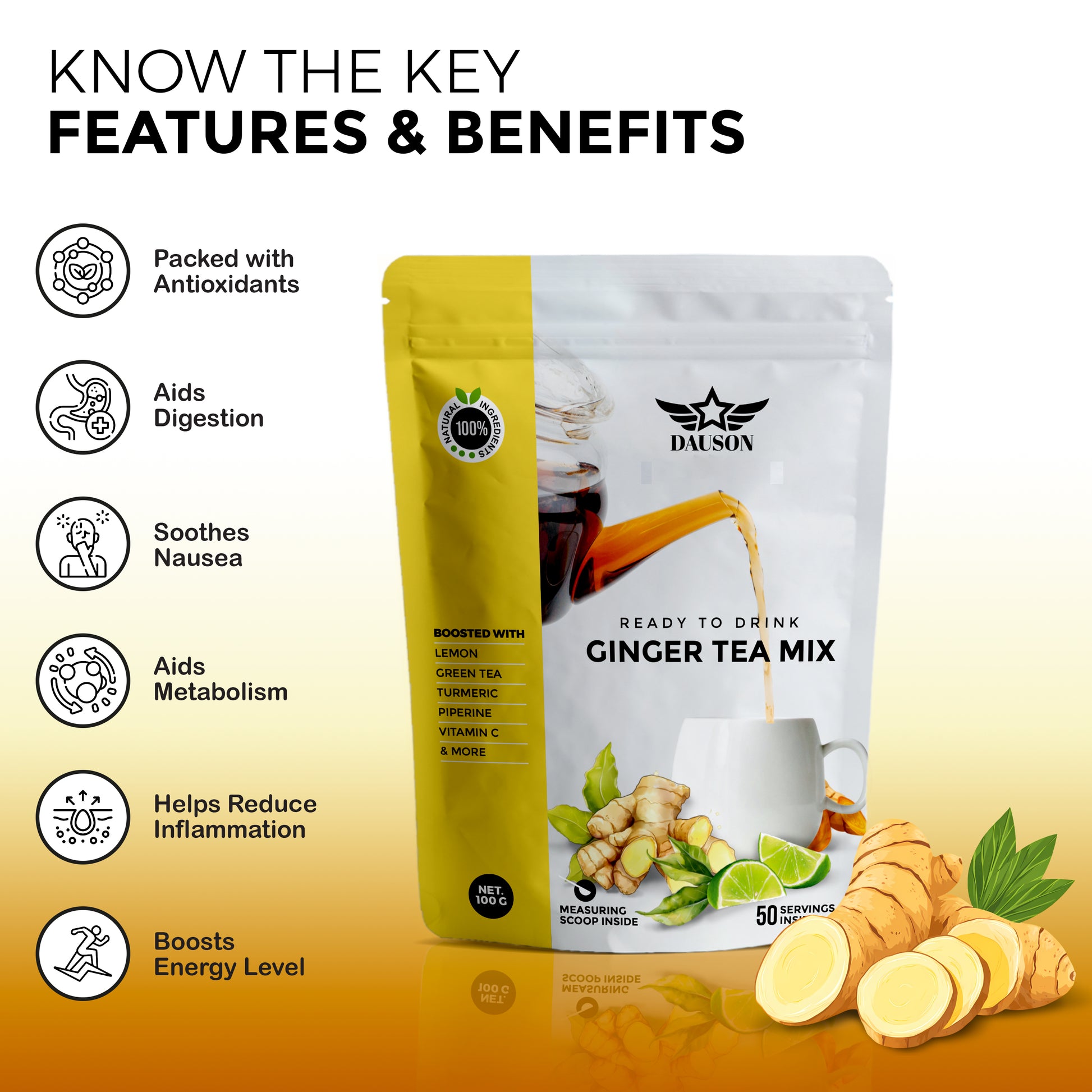 Ginger Tea Mix – 50 Servings | Instant Powder with Lemon, Turmeric, Licorice & Vitamin C | Caffeine-Free Herbal Blend with Green Tea Extract & Black Pepper | Natural Detox & Immune Support - Von LLC