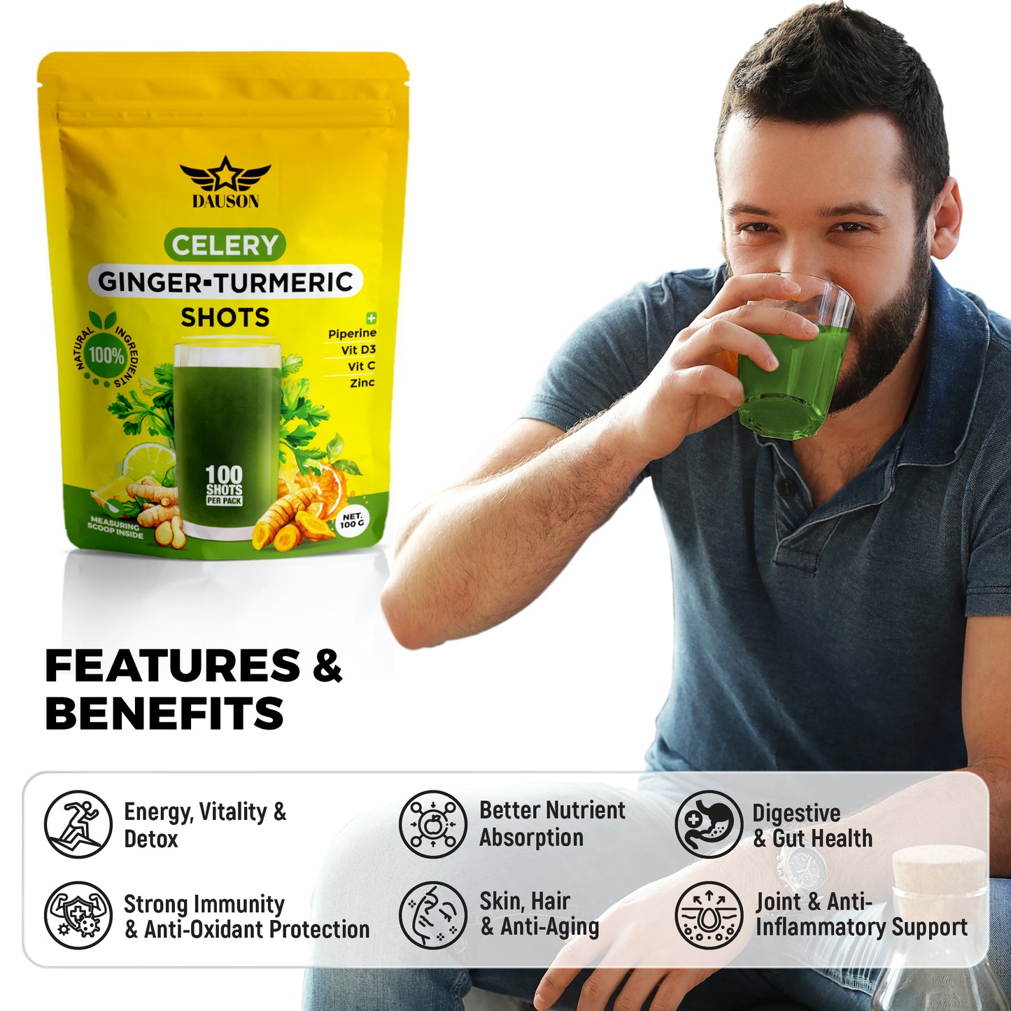 DAUSON Celery Ginger Turmeric Wellness Shots – Immunity Booster with Piperine, Vitamin C, D3 & Zinc | Joint, Gut & Skin Health Support | 100 Servings| Ayurvedic