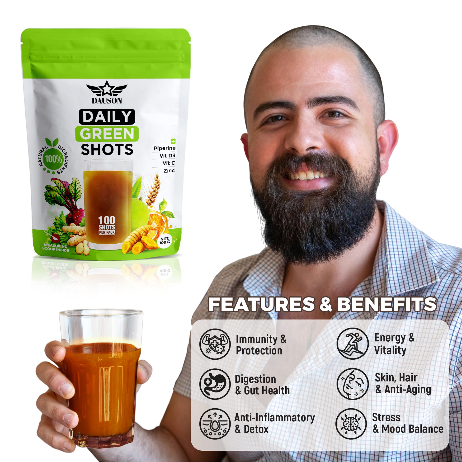 DAUSON Daily Green Shots – Superfood Greens Powder with Matcha, Turmeric, Ashwagandha & Prebiotics – Energy, Immunity & Gut Health Support – 100g | 100 Servings - Von LLC