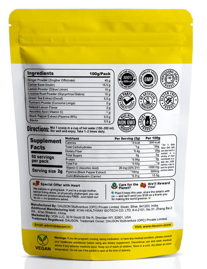Ginger Tea Mix – 50 Servings | Instant Powder with Lemon, Turmeric, Licorice & Vitamin C | Caffeine-Free Herbal Blend with Green Tea Extract & Black Pepper | Natural Detox & Immune Support - Von LLC