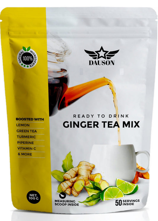 DAUSON Ginger Tea Mix instant powder with lemon, turmeric, green tea extract, and black pepper for natural detox and immune support, 50 servings