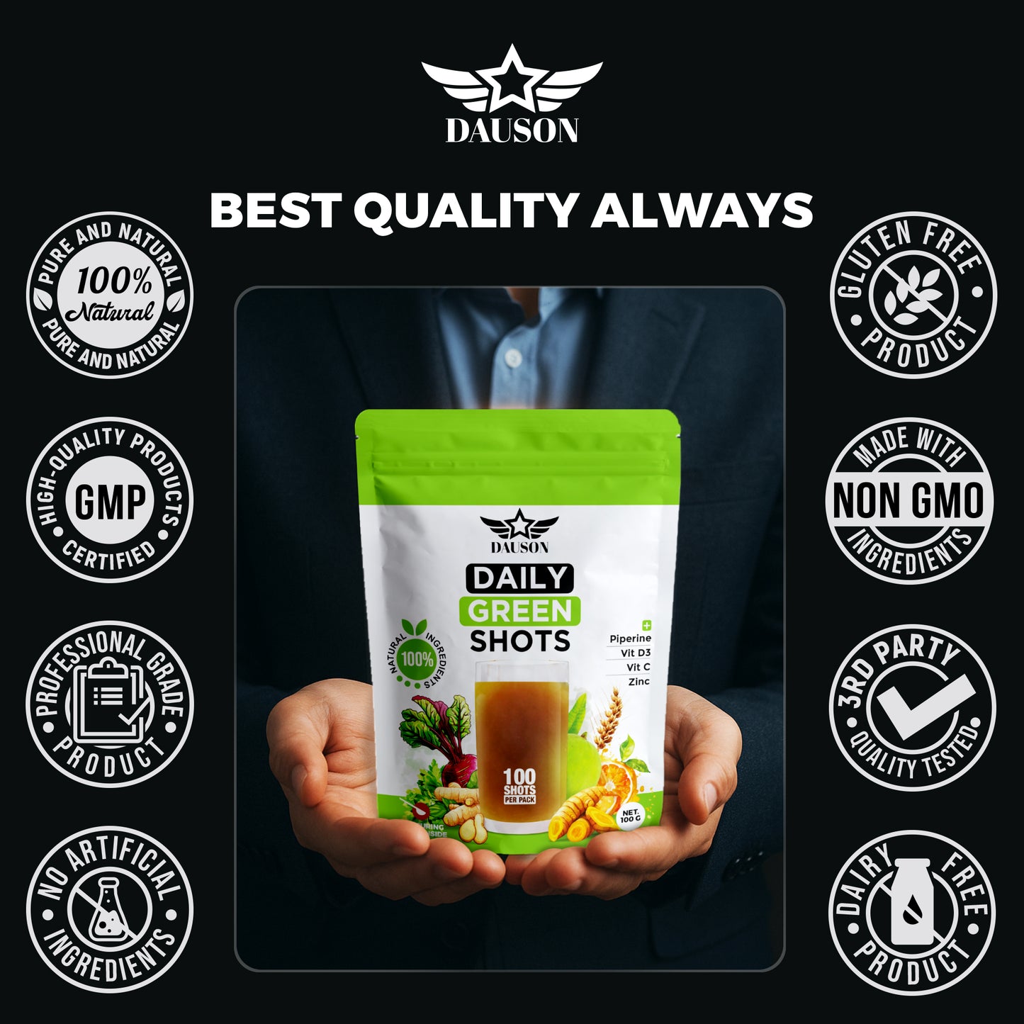 DAUSON Daily Green Shots – Superfood Greens Powder with Matcha, Turmeric, Ashwagandha & Prebiotics – Energy, Immunity & Gut Health Support – 100g | 100 Servings - Von LLC