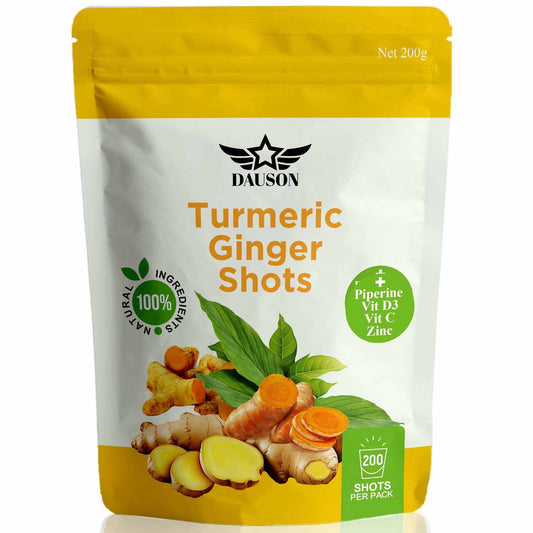 Turmeric ginger shots with piperine, vitamins, zinc, and orange for joint, heart, brain, gut, and skin health boost.