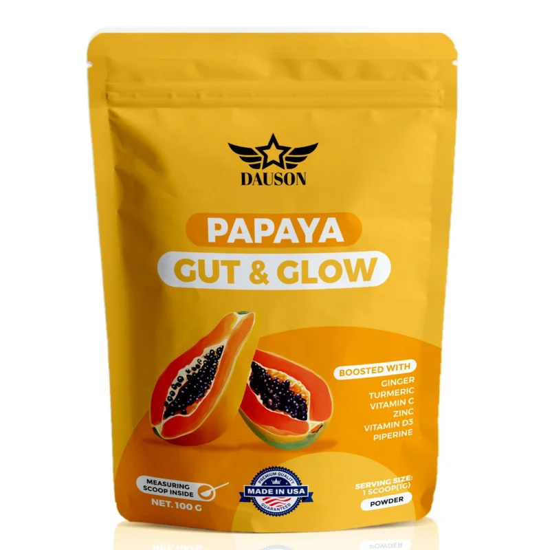 Ingredients of Papaya Gut and Glow Powder including papaya, ginger, turmeric, vitamin C, zinc and D3