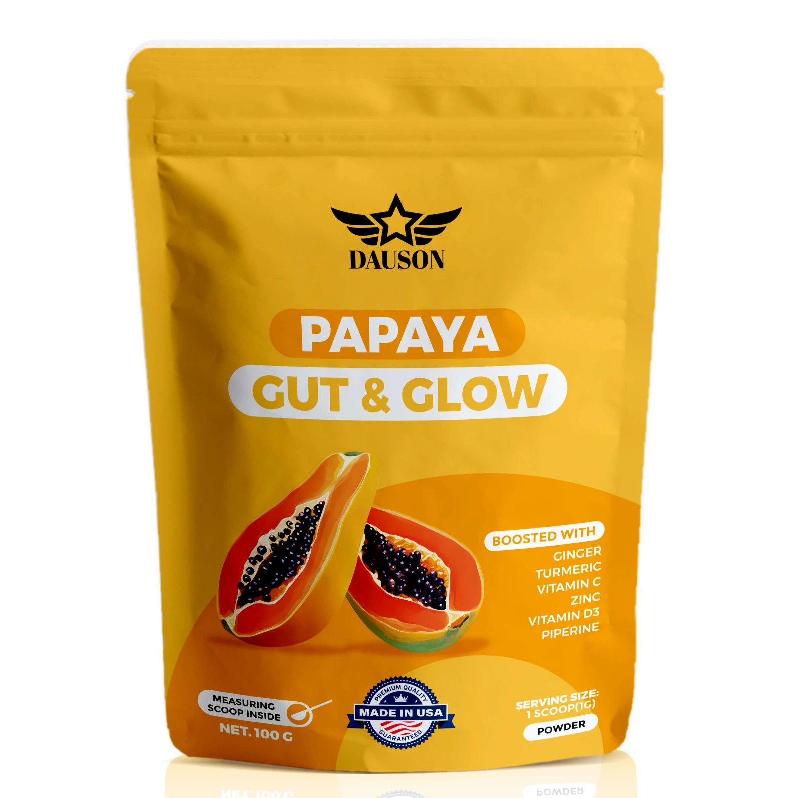 Papaya Gut and Glow Powder Ingredients and Composition Ingredients of Papaya Gut and Glow Powder including papaya, ginger, turmeric, vitamin C, zinc and D3