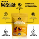 Steps to prepare Papaya Gut and Glow Powder by mixing one scoop in water milk or juice