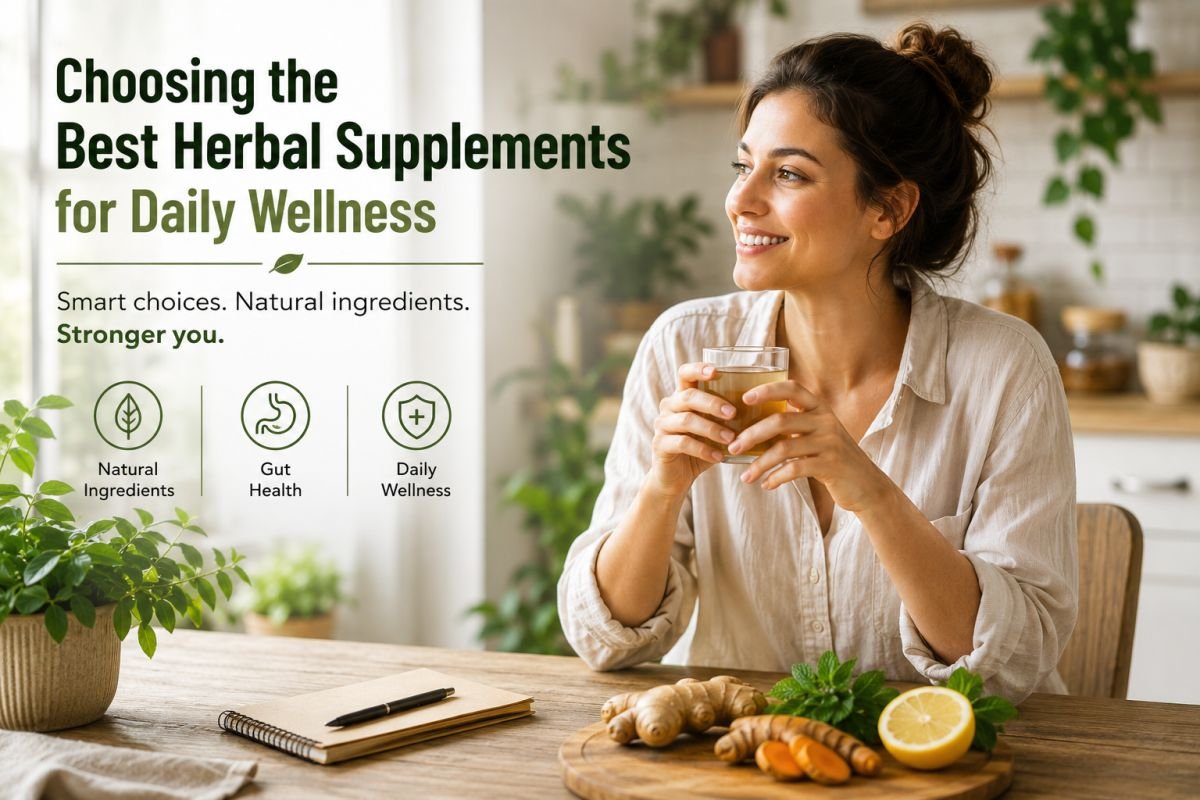Woman enjoying herbal tea with fresh ginger, turmeric, lemon, and herbs for daily wellness.